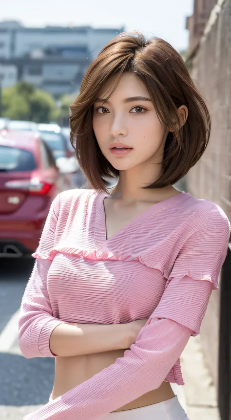 ((Best Quality, 8K, masutepiece: 1.3)), sharp: 1.2, Perfect Body Beauty: 1.4, Slim abs: 1.2, ((Layered hairstyle, :1.2)), (Pink tight shirt: 1.1), (Street: 1.2), Highly detailed face and skin texture, Detailed eyes, Double eyelids, Looking at the camera,