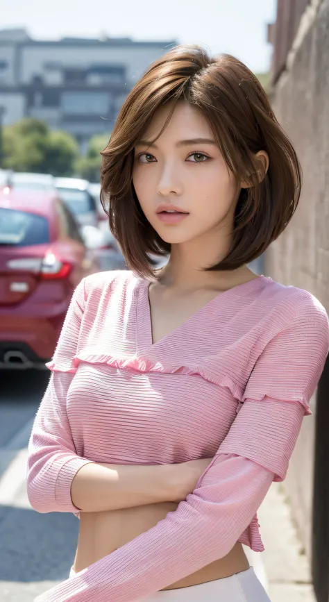 ((Best Quality, 8K, masutepiece: 1.3)), sharp: 1.2, Perfect Body Beauty: 1.4, Slim abs: 1.2, ((Layered hairstyle, :1.2)), (Pink tight shirt: 1.1), (Street: 1.2), Highly detailed face and skin texture, Detailed eyes, Double eyelids, Looking at the camera,