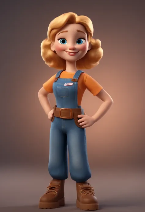 Cartoon character of a woman with blond hair, wearing overalls, with title saying “garota garagem”, animation character, Caractere estilizado, animation style rendering, 3D estilizado, Arnold Maya render, 3 d render stylized, toon render keyshot, Personage...