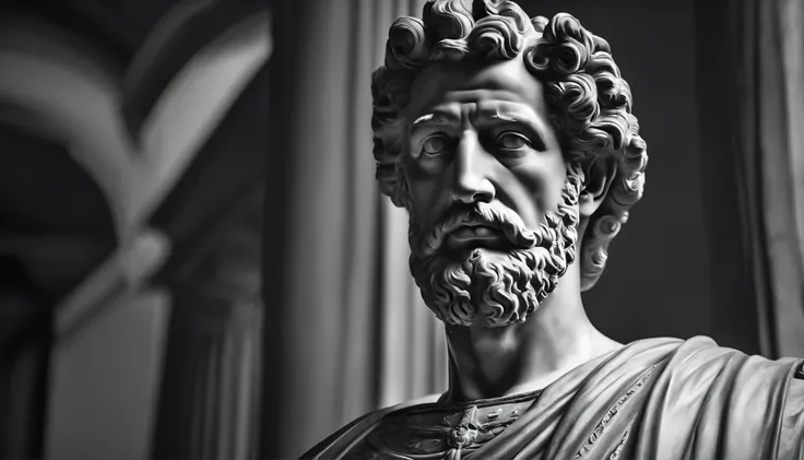 a portrait statue of the stoic Marcus Aurelius in black and white 4K,Face de lado, papel de parede super realista