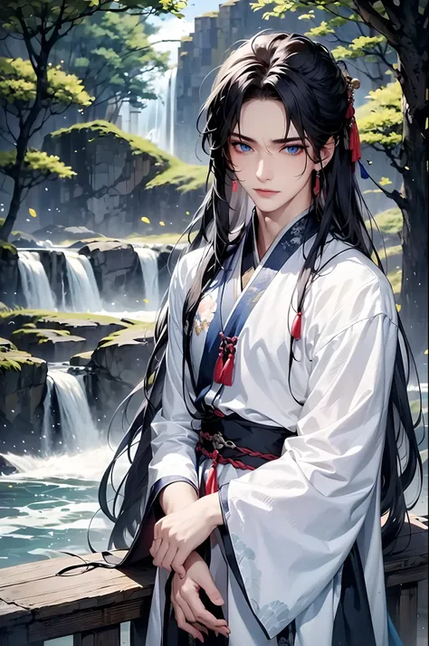 1boys, 独奏，the night，long whitr hair, blue eyes, chinese clothes，hanfu，mont，waterfallr，florals，the tree，florals，cowboy lens，