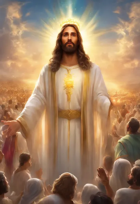 image of Jesus standing in front of a crowd of people, Jesus Cristo, Segunda Vinda, shes coming heaven, heaven!!!!!!!!, Jesus Cristo em efeito de massa, o Senhor e Salvador, raios de luz sagrada santos, ascension, Jesus, imagens sagradas, imagens religiosa...