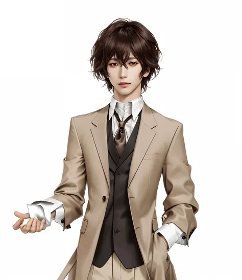 1men , dazai osamu , dark brown hair , brown eyes, handsome , realistic clothes, detail clothes, simple background, ultra detail, realistic
