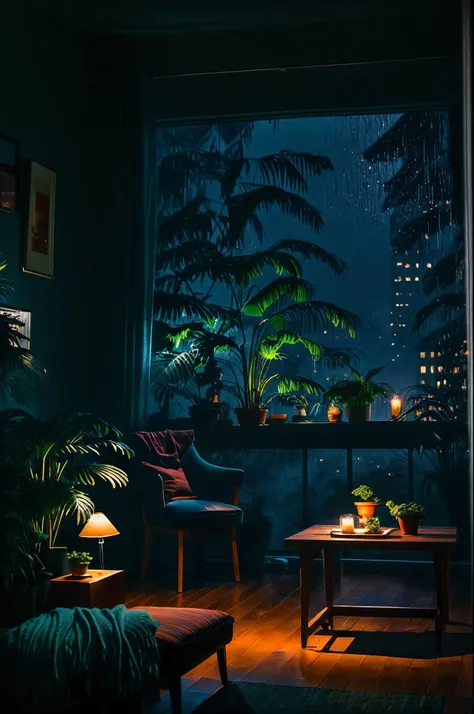 Mid-century modern living room dimly lit, outside is dark rainy nights, (foggy rainy nights: 1.2), Pacific Northwest, (dim lights: 1.4), (moody lights: 1.2), plants, figures, rainy days, monstera, many plants, (foggy windows: 1.2), masterpiece, best qualit...