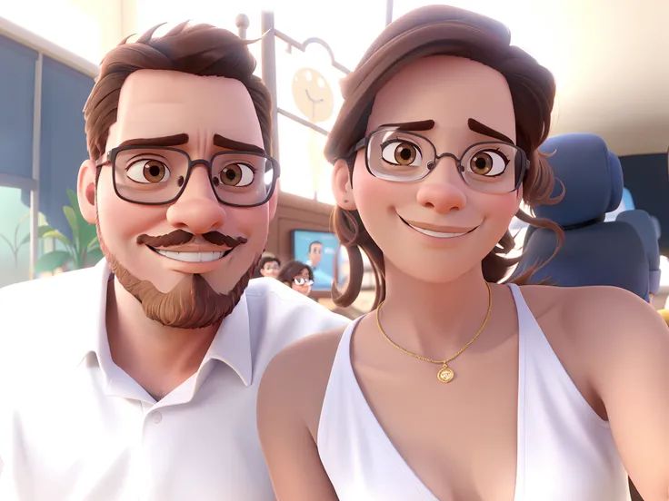 Casal estilo Disney pixar, alta qualidade, melhor qualidade, Man with beard glasses and woman with dark brown eyes