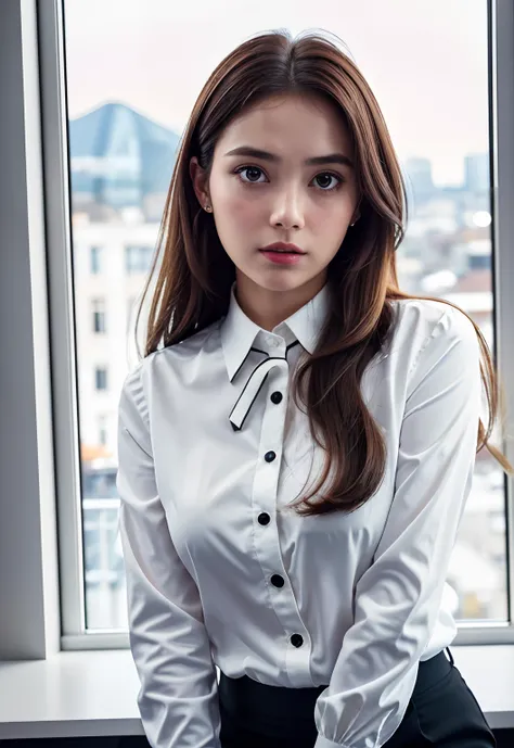 high angle kodachrome photo of a short office girl standing in a bright office near panaramic window, wearing white blouse andblack pants, top button opened, super thick highlighted hair, big round eyes, drammatic makup, arrogant look, arched back, French ...