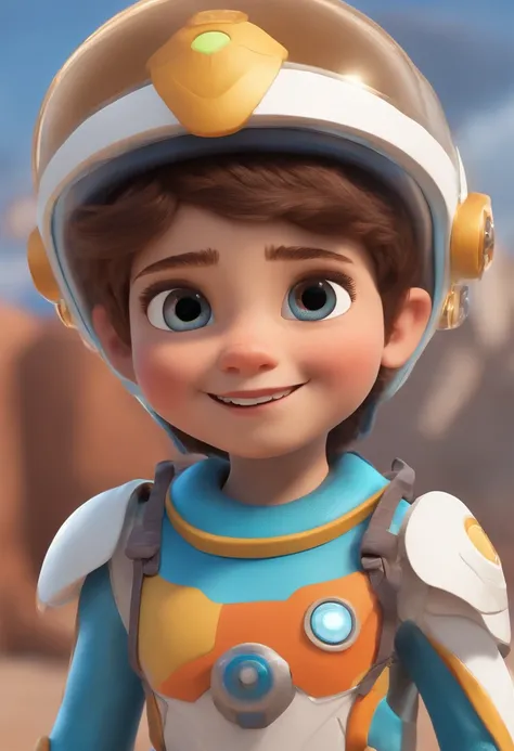 (a happy cute kid:1.1, short hair, white background:0.9), wearing a space costume, with a bright smile, vibrant eyes, and a playful expression, resembling a character from a Pixar movie. The costume is colorful and has intricate details, with a mix of text...