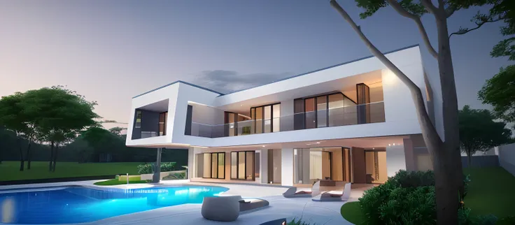 a rendering of a house with a pool and a patio, exterior design, concept house, contemporary house, front view dramatic, front facing view, conceptual rendering, large modern residence, d render, residential design, custom modern castle, mantra rendering, ...