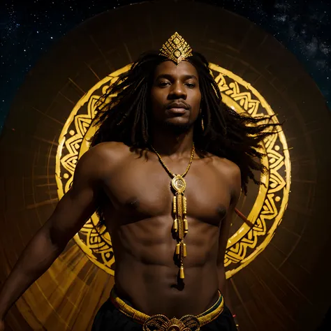 Shango, the African orisha;, Yoruba,sabedoria, deus da sabedoria, roupas amarelo, tons negros,vestindo um ade detalhado e intrincado, deus da sabedoria, olhar profundo, cosmic god, astrofotografia