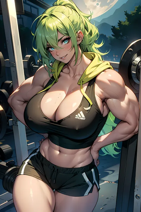 Perfect CG unity 8K UHD wallpaper( latina girl huge gigantic breasts cleavage showing bodybuilder muscular toned body, pale skin, long green colored hair, vibrant glowing moonlight eyes, long detailed eyelashes) smiling sexy seductive facial expression, bl...