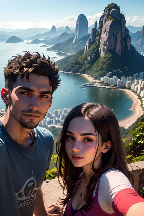 there is a man and woman taking a selfie together, rio de janeiro, with mountains in the background, with mountains in background, david rios ferreira, by Felipe Seade, by Nándor Katona, andrea rocha, malika favre, by Sam Dillemans, caroline gariba, with m...