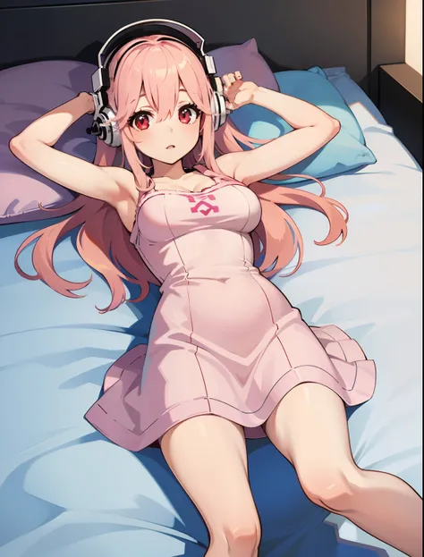 (1girl), Super Sonico laying down on her stomach on a bed with white bedsheets and pillows, with her red eyes shining and headphones on, pink hair, in a short and tight pink dress, big breasts, wearing pink socks, 1girl, solo, masterpiece, high quality, fu...