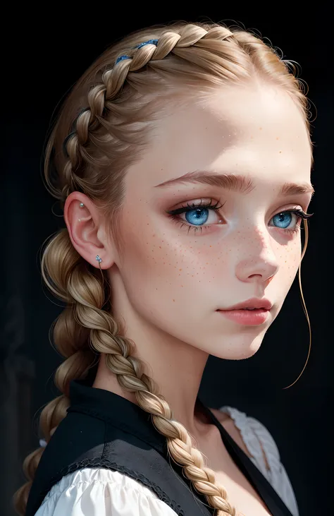 Jeune femme aux cheveux noir, peau blanche, Freckles and blue eyes. Her hair is braided into a single braid that falls over her shoulder