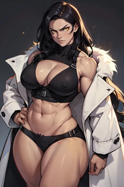 black hair yellow eyes very long hair pale skin angry (((1girl muscular))) (toned body thick thighs large breasts curvy wide hips) (fur coat) bodybuilder