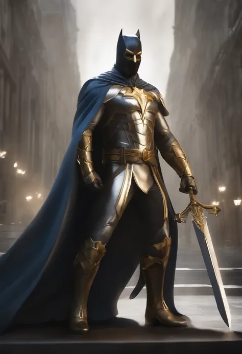 A superhero, Man, vestido principalmente de branco, secondary silver colors, dourado e preto, em Cidade da Fantasia, altamente detalhado, arte digital, Olhando para o Viewer, estilo artstation, intrincate details, armadura pesada, magic sword