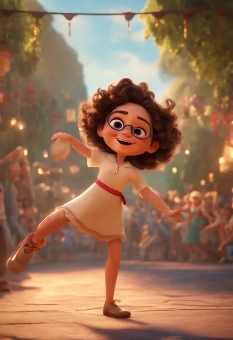 Pixar style image with 3D character white glasses brunette woman short curly hair dancing, Maquiagem Disney,Pescador, bonitinho, sorridente ,Close-up, Pixar, Disney, Cinema lighting,