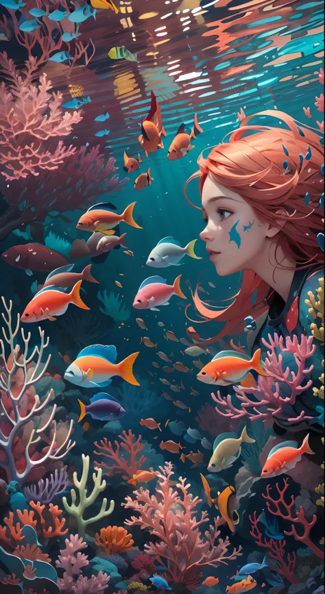 Conceptual art of marine life, Undersea landscape, Marine life，Beautiful coral reefs come in different shapes, 。.3D，, Fish, Female animated fantasy illustration. Long red hair scattered in the sea, Drift, Very harmonious. The whole painting adopts a messy ...