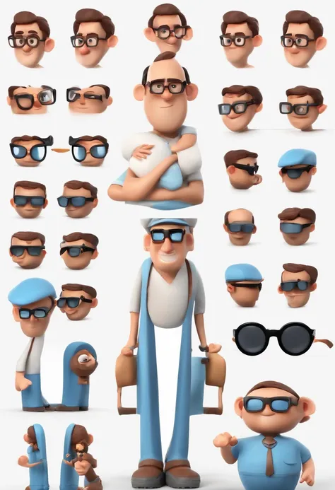 Cartoon character of a man with black glasses and a blue shirt, animation character, Caractere estilizado, animation style rendering, 3D estilizado, Arnold Maya render, 3 d render stylized, toon render keyshot, Personagem 3D, Personagem 3D, 3d rendering st...