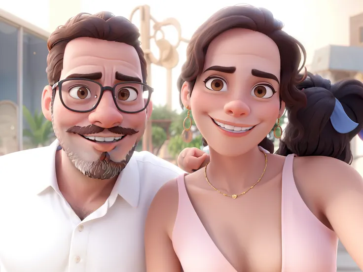 Casal estilo Disney sorrindo, Bearded man and dark brown eyed woman without glasses, com colar brilhante e com brico, qualidade boa alta qualidade, 3D