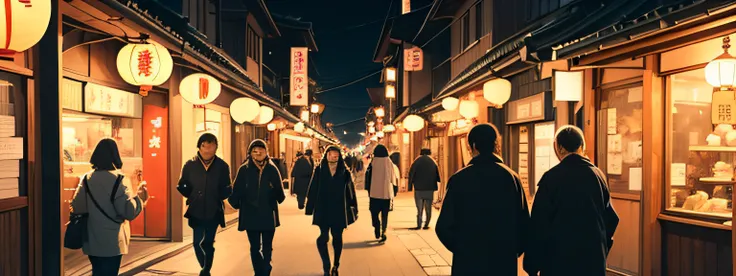 people walking in the streets of a traditional japanese town at night