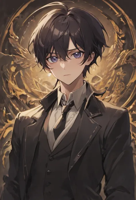 Adult male around 28 years, pale skin, dark long hair, a sharp and refined set of features, long lashes, and beautiful eyes, vampire, handsome, formal and gothic attire, calm, bishonen