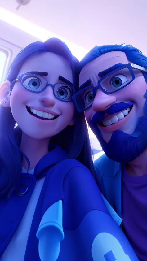 Casal sorrindo, mulher jovem e homem jovem de barba e oculos sob luz azul no estilo disney pixar