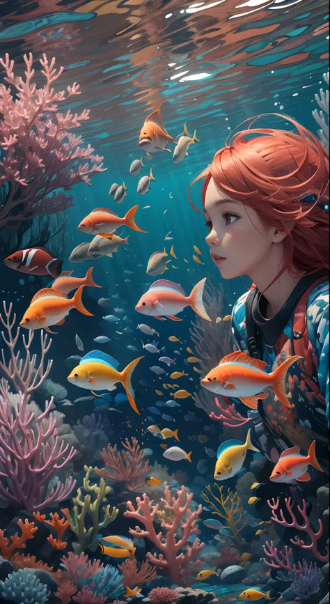 Conceptual art of marine life, Undersea landscape, Marine life，Beautiful coral reefs come in different shapes, 。.。.3D，, Fish, Female animated fantasy illustration. Long red hair scattered in the sea, Drift, Very harmonious. The whole painting adopts a mess...