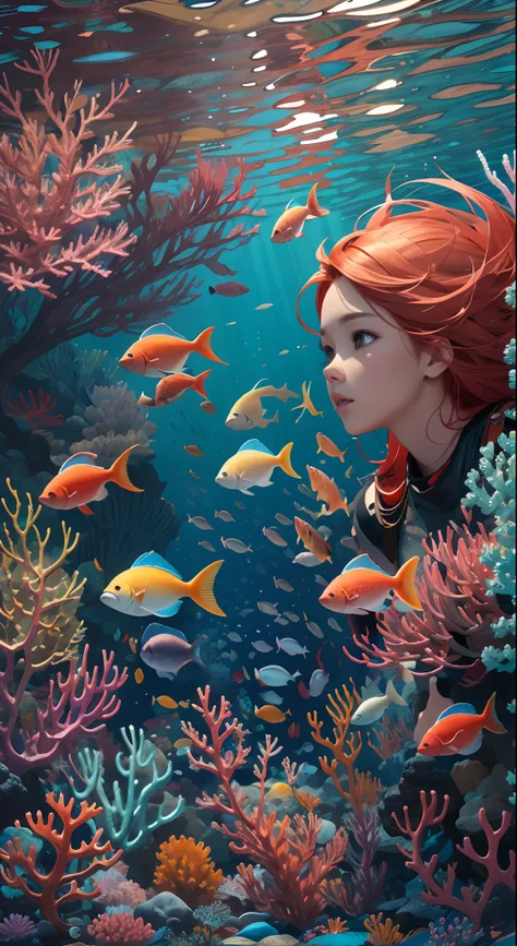 Conceptual art of marine life, Undersea landscape, Marine life，Beautiful coral reefs come in different shapes, 。.。.3D，, Fish, Female animated fantasy illustration. Long red hair scattered in the sea, Drift, Very harmonious. The whole painting adopts a mess...