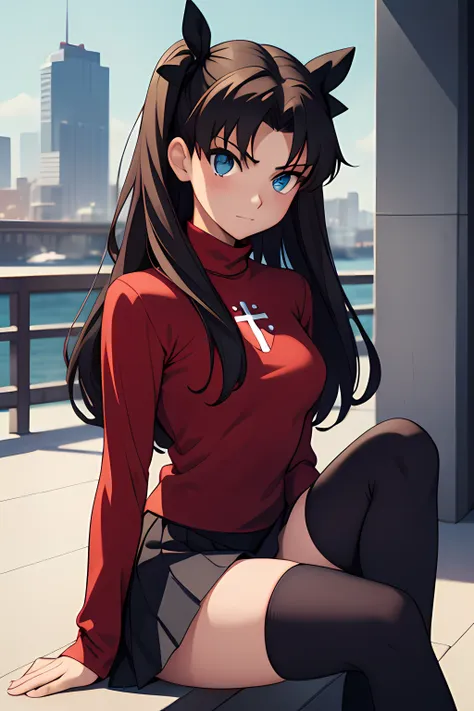 (masterpiece), best quality, expressive eyes, perfect face, 1girl, solo, rintohsaka, rin tohsaka, aqua eyes, black hair, hair ri...