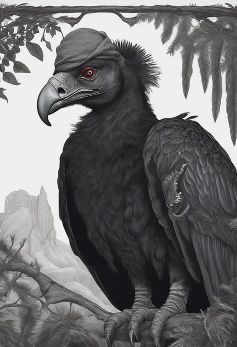 A short, demonic, non-binary black vulture. They are thin. They wear a tiny hat. They enjoy knitting. They have a few tattoos. They wear punk accult clothing.