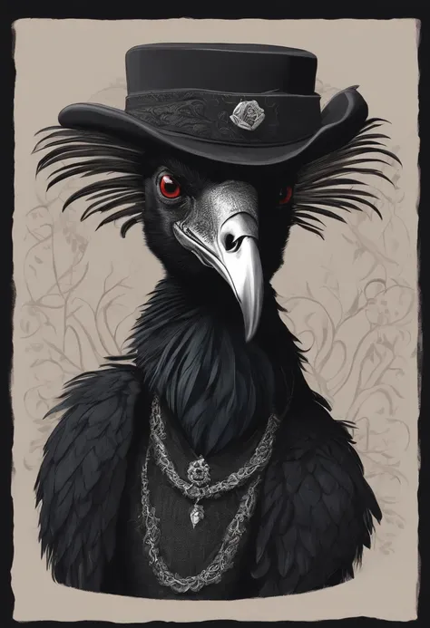 A short, demonic, non-binary black vulture. They are thin. They wear a tiny hat. They enjoy knitting. They have a few tattoos. They wear punk accult clothing.