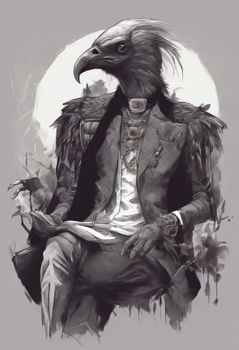 A short, demonic, non-binary black vulture. They are thin. They wear a tiny hat. They enjoy knitting. They have a few tattoos. They wear punk accult clothing.