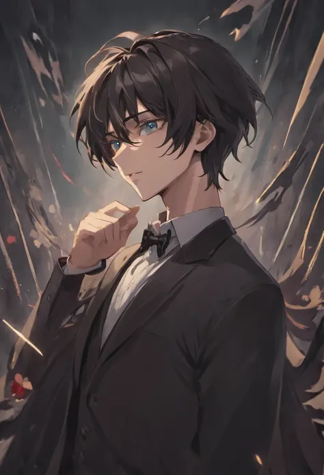 Adult male around 28 years, pale skin, dark long hair, a sharp but pretty face, long lashes, and beautiful eyes, vampire, handsome, formal and gothic attire, calm, bishonen, refined