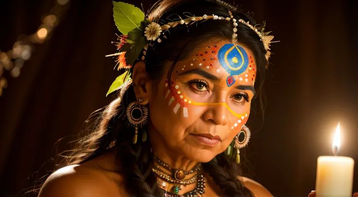 Create the dramatic image of extreme realism and lighting perfection of an indigenous person ((Mulher)) Shaman of approximately 100 years of age with extremely perfect fingers and several (rings on the fingers), Perfect Hands Holding a Candle,  O rosto lim...