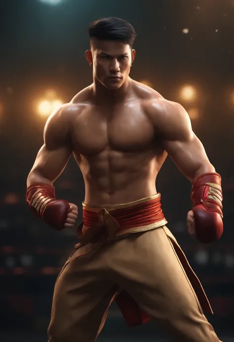 A Champion:Lee Sins Skin Muay Thai baseado no jogo online League of Legends, A martial arts fighter wearing Muay Thai clothes performs a powerful kick with lightning speed, Showing off his muscular physique and intense focus. A cena se passa em uma arena c...