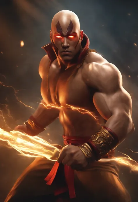 A Champion:Lee Sins Skin Muay Thai baseado no jogo online League of Legends, A martial arts fighter wearing Muay Thai clothes performs a powerful kick with lightning speed, Showing off his muscular physique and intense focus. A cena se passa em uma arena c...