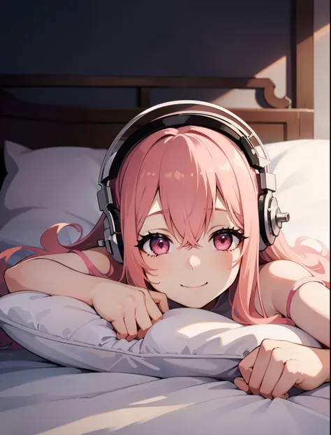 (1girl), Super Sonico laying down on her stomach on a bed with white bedsheets and pillows, with her red eyes shining and headphones on, pink hair, winking and smiling, feet swinging, in a short and tight light pink dress, big breasts, 1girl, solo, masterp...