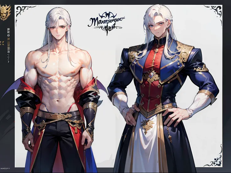 ((Masterpiece, Highest quality)), Male, boy, Detailed face, character design sheet， full bodyesbian, Full of details, frontal body view, back body view, Highly detailed, Depth, Many parts, Muscle boy with long white hair with long bangs，handsome man, muscl...