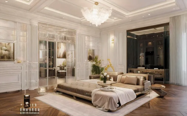 bedroom,arafed living room with a large couch and a table, neoclassical living room, luxurious environment, relaxing environment...