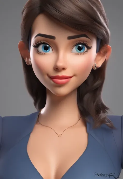 personagem dos desenhos animados de uma mulher, de pele branca, cabelo longo, liso e preto, de olhos castanhos com uma camisa azul, animation character, Caractere estilizado, animation style rendering, 3D estilizado,, 3 d render stylized, toon render keysh...