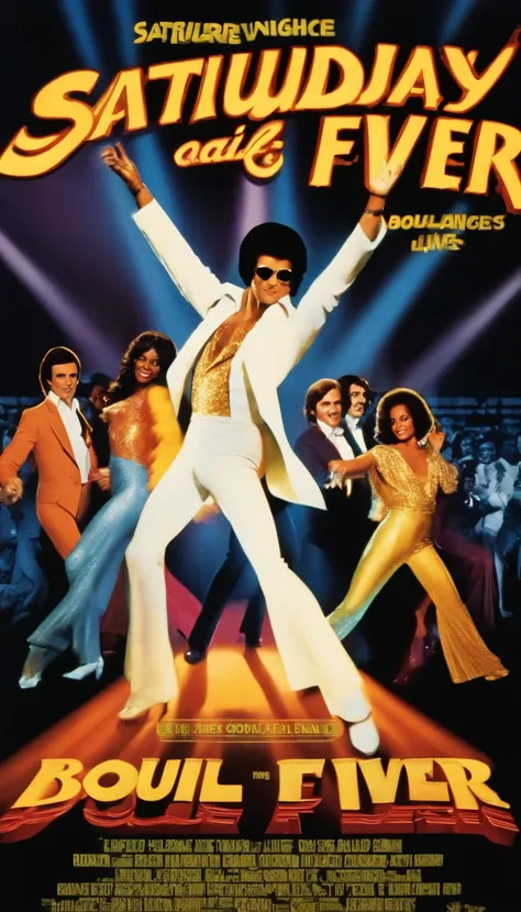 Une affiche soirée Disco dans le genre du film Saturday night fever, avec sur laffiche différents chanteurs disco jeune (70s) comme OTAWAN, Boney M, Diana Ross jeune, rod steward, le groupe Chic, cloclo, Dalida, , avec plein de danseurs en arriere plan qui...