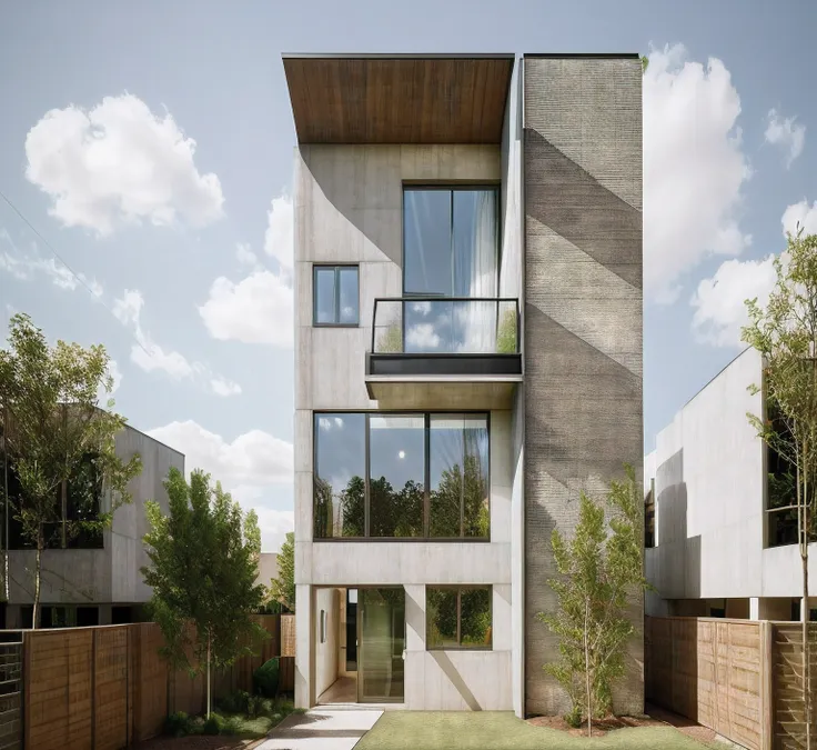 townhouse, modern style, vray render, surrounded with green trees, warm tones, cloudy sky