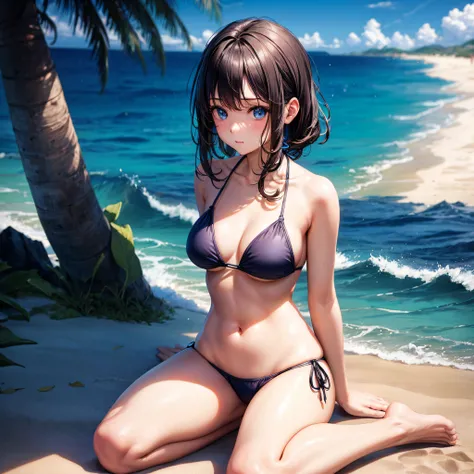 realisitic、top-quality、sit on beach、((One Woman:1.5))、Dark hair、blue eyess、Medium length、spread legswide、Wavy bristles、Sea view、校服、Open your clothes、Thin bikini、Sheer bikini、Medium chest、teats