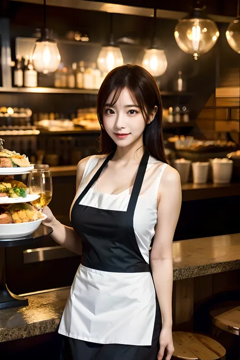 (()), (8k, RAW photo, best quality, masterpiece:1.2), (realistic, photo-realistic:1.37), ultra-detailed, full body, 1girl, solo, detailed restaurant, crowd people, night, full body, ((gigantic breasts, huge breasts)), beautiful detailed eyes, beautiful det...