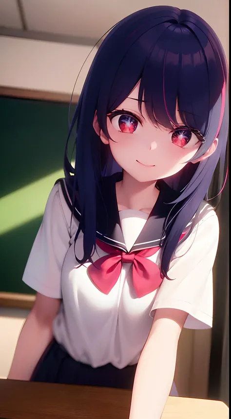 Empty classroom after school, classroom scene, sunlight shining in through the window, (a lazy cute girl lying on her desk, looking at the audience, Smile: 1.3), solo, hair ornament on left, (half-off JK school uniform), black summer short-sleeved school u...