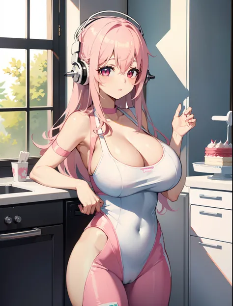 (1girl), Super Sonico enjoying baking cakes in the kitchen with pink and white walls, with her red eyes shining and headphones on, decorating cakes in a tight bodysuit with blue and white colors, exposing cleavage, white high highs, big breasts, 1girl, sol...