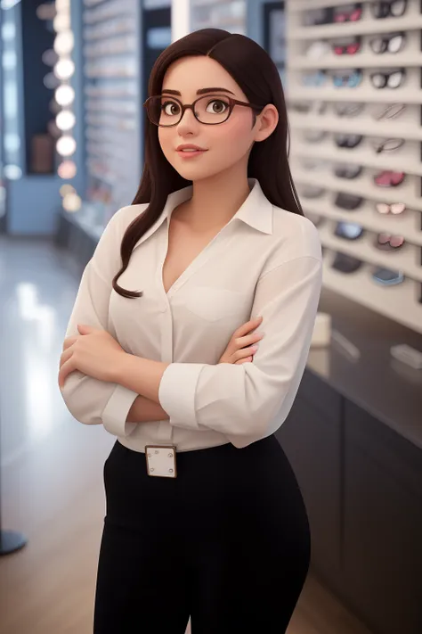 Create a Disney Pixar-style image of a woman standing in a room, wearing a white shirt and glasses. She is posing for the camera, possibly in a store or similar setting. The room is filled with several pairs of glasses, which are displayed in various locat...