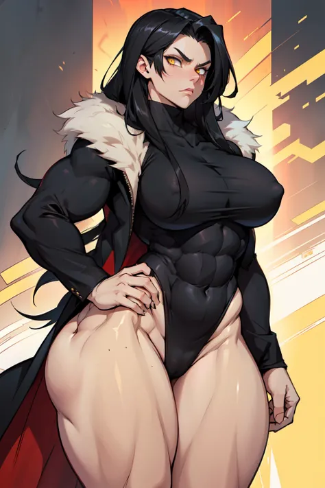 black hair yellow eyes very long hair pale skin angry ((((1girl muscular)))) ((toned body thick thighs large breasts curvy wide hips)) (fur coat) bodybuilder