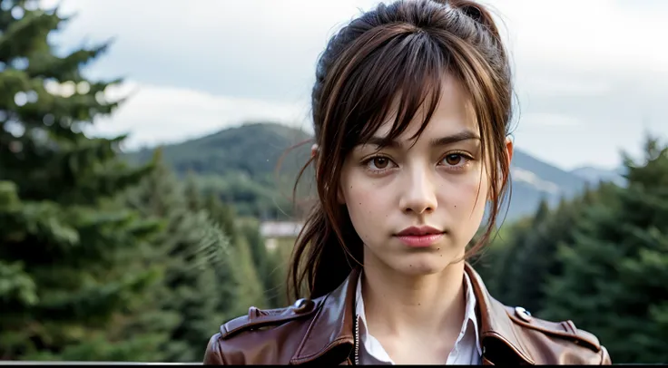 sasha braus, paradis military uniform, jacket, German, reddish brown hair, brown eyes, detailed eyes, detailed face