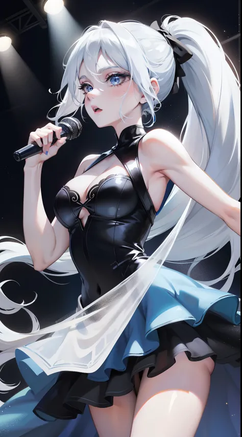 Grown-up girl, long white hair, high ponytail, blue eyes, blue eyeshadow, blue lipstick, black tight dress, rich dress, sleeveless, open breasts, golden elements, singing, opera, Masterpiece, hiquality, 4k, HD, Good detail